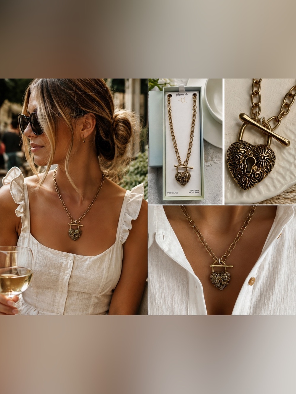 Piper K | Vintage Inspired Heart Padlock Toggle Chunky Paperclip Chain Necklace - Picture 3 of 7